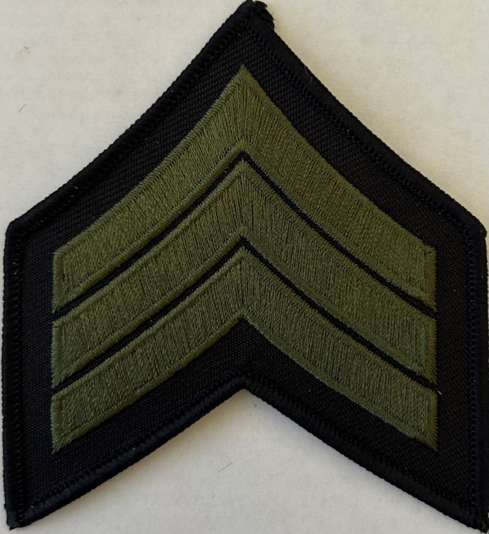 SERGEANT CHEVRONS OD GREEN ON BLACK with BLACK TRIM, SOLD IN PAIRS - SEW ON.